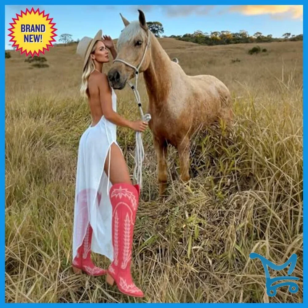 Thigh High Cowboy Boots Pointed Toe Chunky Heel Side Zip Western